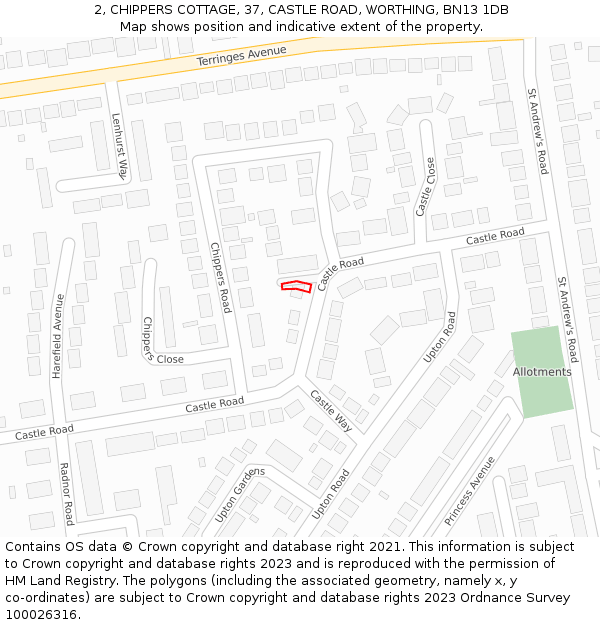 2, CHIPPERS COTTAGE, 37, CASTLE ROAD, WORTHING, BN13 1DB: Location map and indicative extent of plot