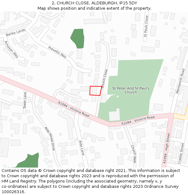 2, CHURCH CLOSE, ALDEBURGH, IP15 5DY: Location map and indicative extent of plot