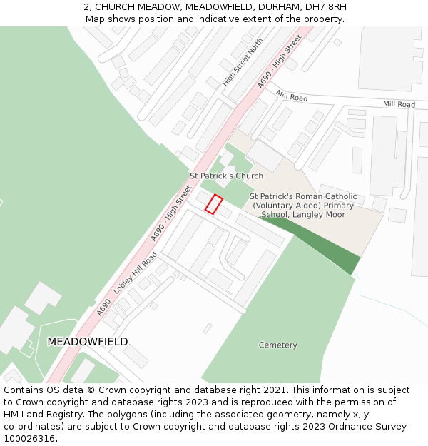 2, CHURCH MEADOW, MEADOWFIELD, DURHAM, DH7 8RH: Location map and indicative extent of plot
