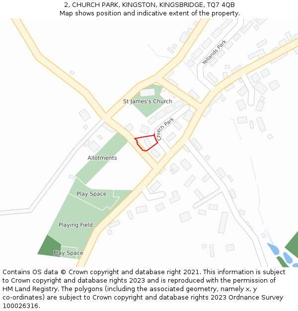 2, CHURCH PARK, KINGSTON, KINGSBRIDGE, TQ7 4QB: Location map and indicative extent of plot