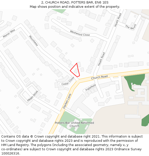 2, CHURCH ROAD, POTTERS BAR, EN6 1ES: Location map and indicative extent of plot