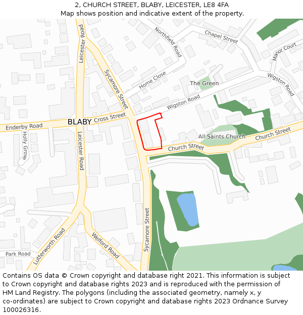 2, CHURCH STREET, BLABY, LEICESTER, LE8 4FA: Location map and indicative extent of plot