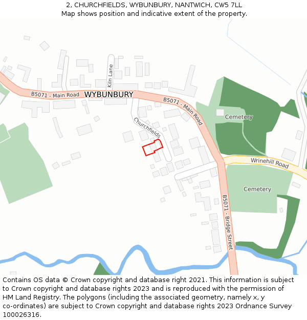 2, CHURCHFIELDS, WYBUNBURY, NANTWICH, CW5 7LL: Location map and indicative extent of plot