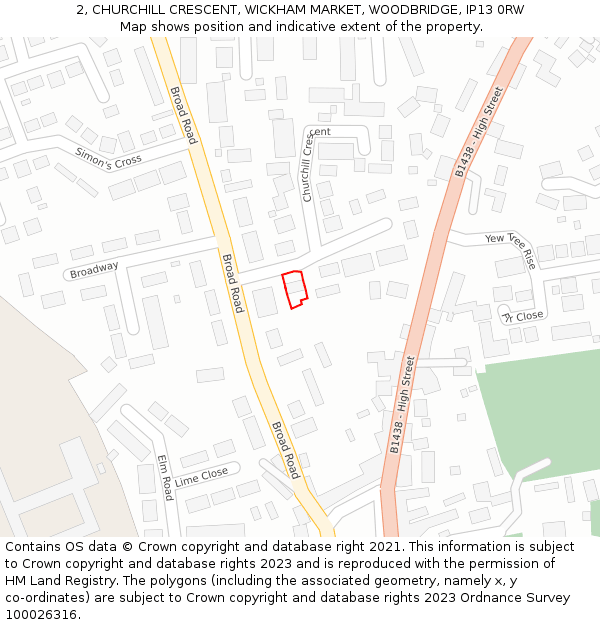 2, CHURCHILL CRESCENT, WICKHAM MARKET, WOODBRIDGE, IP13 0RW: Location map and indicative extent of plot