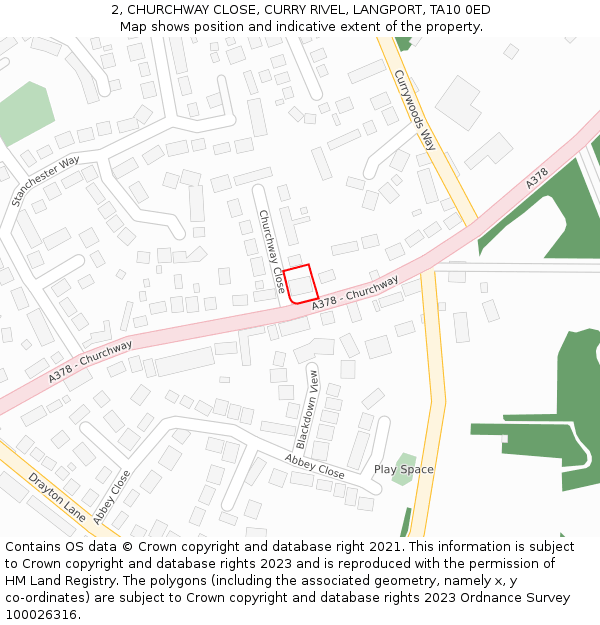 2, CHURCHWAY CLOSE, CURRY RIVEL, LANGPORT, TA10 0ED: Location map and indicative extent of plot