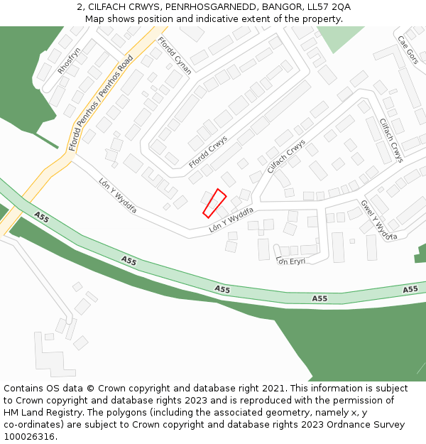 2, CILFACH CRWYS, PENRHOSGARNEDD, BANGOR, LL57 2QA: Location map and indicative extent of plot