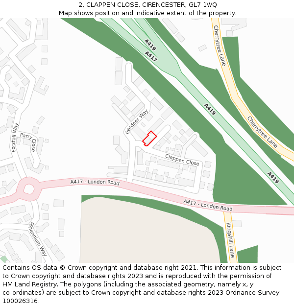 2, CLAPPEN CLOSE, CIRENCESTER, GL7 1WQ: Location map and indicative extent of plot