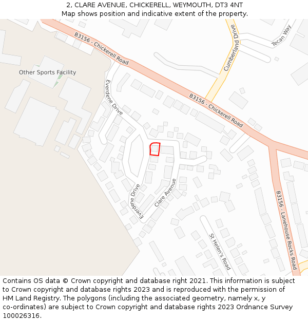 2, CLARE AVENUE, CHICKERELL, WEYMOUTH, DT3 4NT: Location map and indicative extent of plot