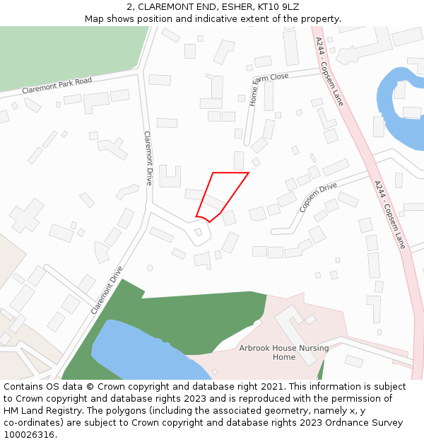 2, CLAREMONT END, ESHER, KT10 9LZ: Location map and indicative extent of plot