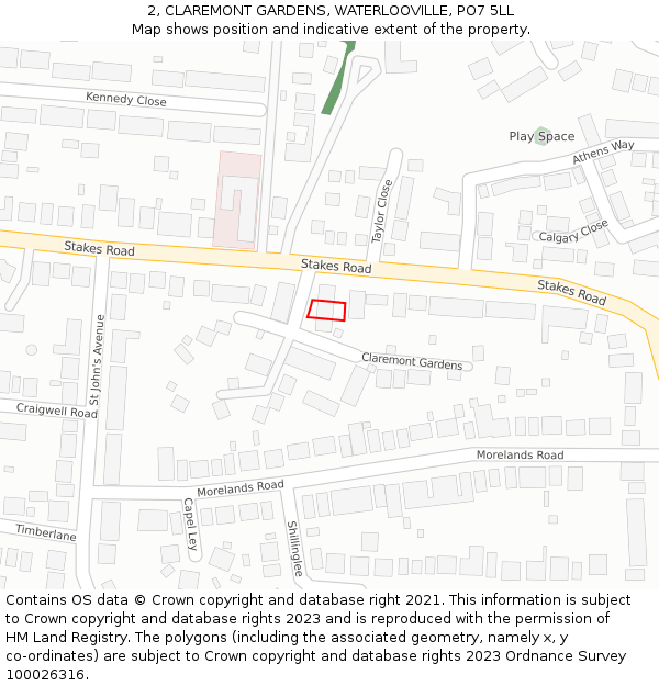 2, CLAREMONT GARDENS, WATERLOOVILLE, PO7 5LL: Location map and indicative extent of plot