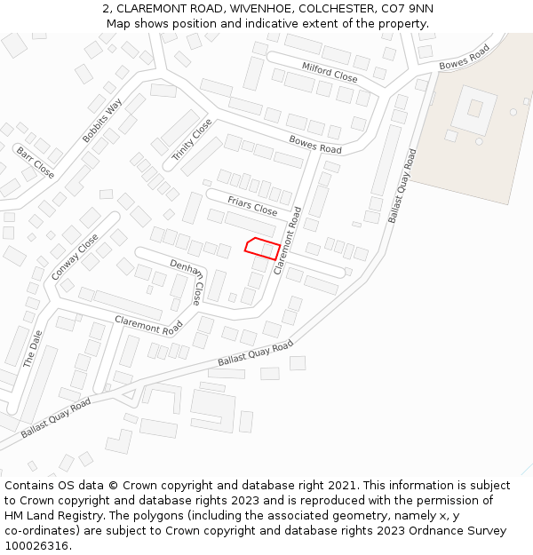 2, CLAREMONT ROAD, WIVENHOE, COLCHESTER, CO7 9NN: Location map and indicative extent of plot