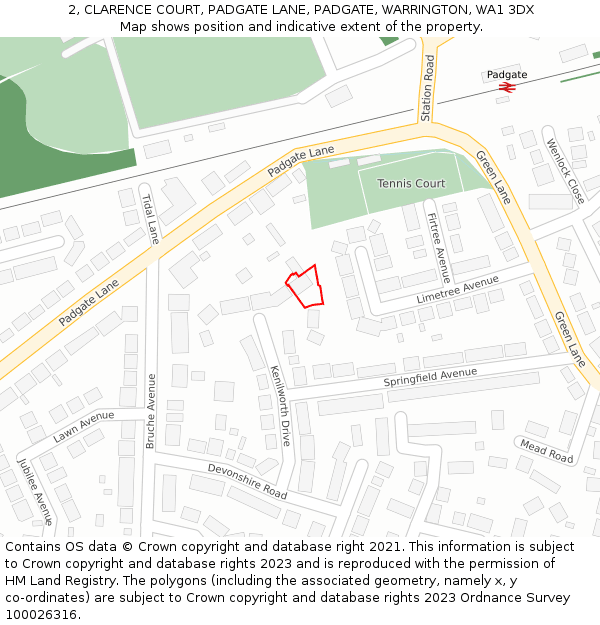 2, CLARENCE COURT, PADGATE LANE, PADGATE, WARRINGTON, WA1 3DX: Location map and indicative extent of plot