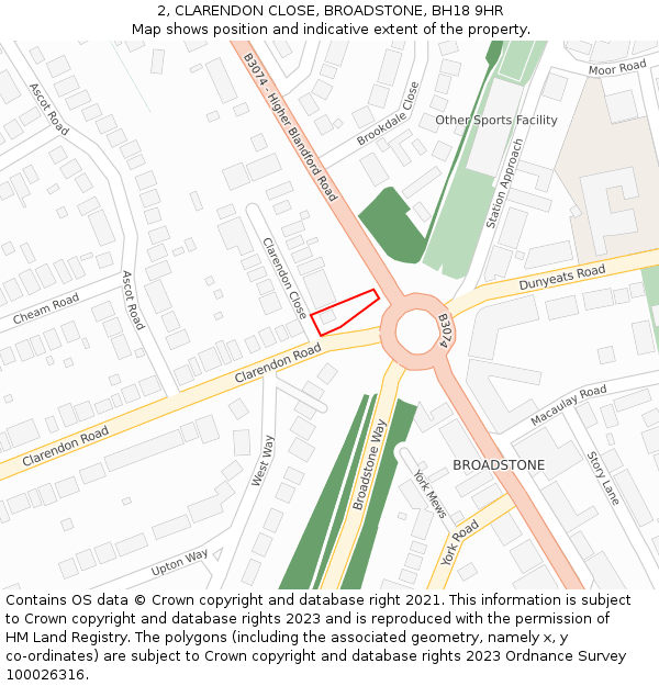 2, CLARENDON CLOSE, BROADSTONE, BH18 9HR: Location map and indicative extent of plot