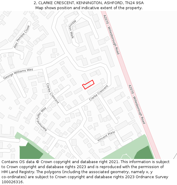 2, CLARKE CRESCENT, KENNINGTON, ASHFORD, TN24 9SA: Location map and indicative extent of plot