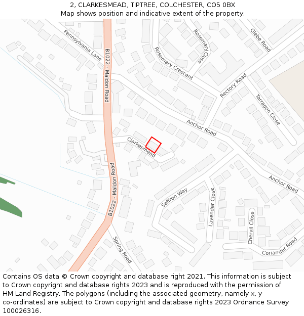 2, CLARKESMEAD, TIPTREE, COLCHESTER, CO5 0BX: Location map and indicative extent of plot
