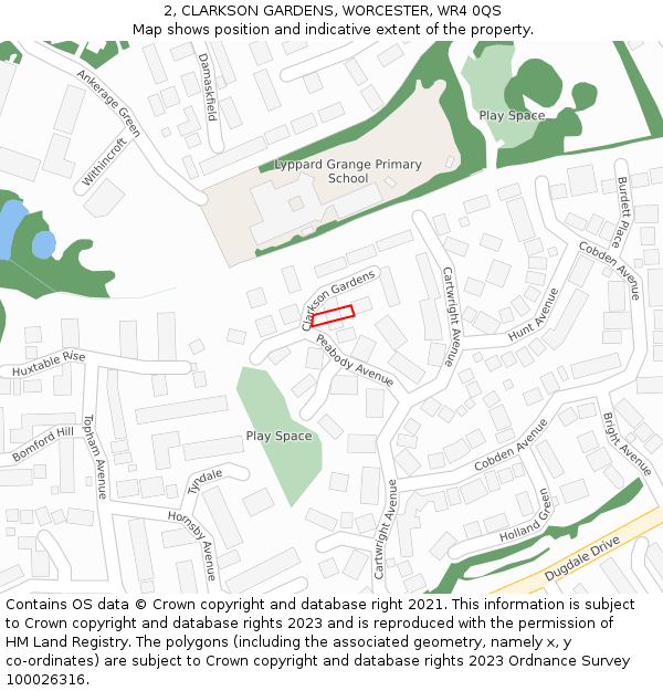 2, CLARKSON GARDENS, WORCESTER, WR4 0QS: Location map and indicative extent of plot