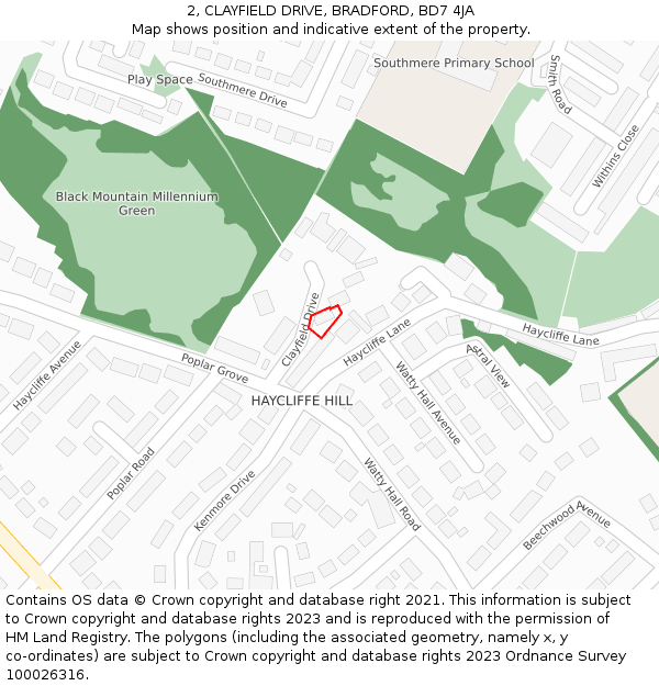 2, CLAYFIELD DRIVE, BRADFORD, BD7 4JA: Location map and indicative extent of plot