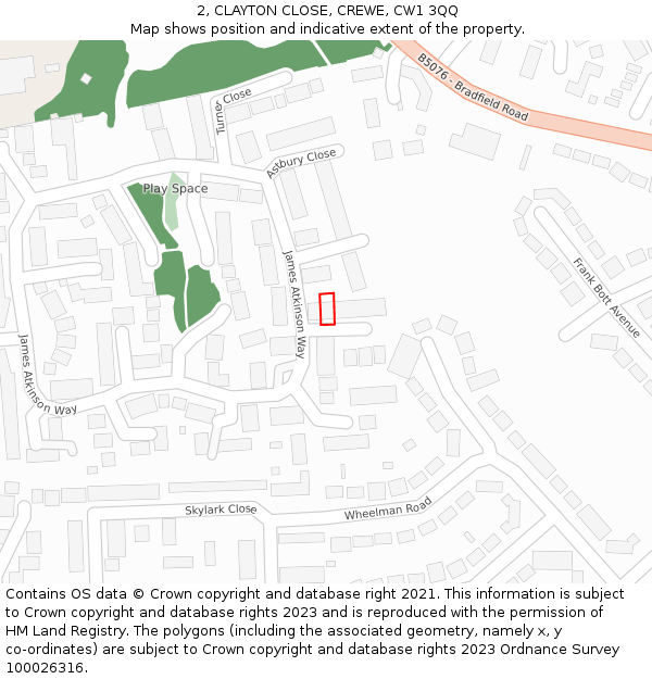 2, CLAYTON CLOSE, CREWE, CW1 3QQ: Location map and indicative extent of plot