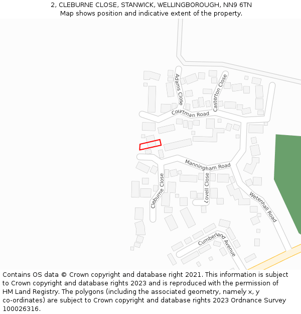 2, CLEBURNE CLOSE, STANWICK, WELLINGBOROUGH, NN9 6TN: Location map and indicative extent of plot