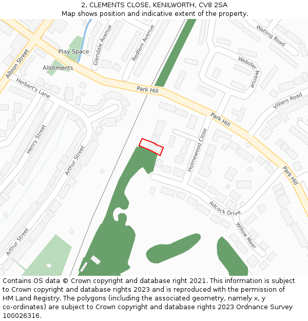 2, CLEMENTS CLOSE, KENILWORTH, CV8 2SA: Location map and indicative extent of plot