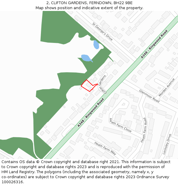 2, CLIFTON GARDENS, FERNDOWN, BH22 9BE: Location map and indicative extent of plot