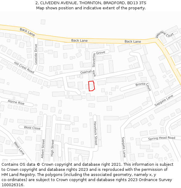 2, CLIVEDEN AVENUE, THORNTON, BRADFORD, BD13 3TS: Location map and indicative extent of plot