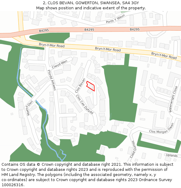 2, CLOS BEVAN, GOWERTON, SWANSEA, SA4 3GY: Location map and indicative extent of plot