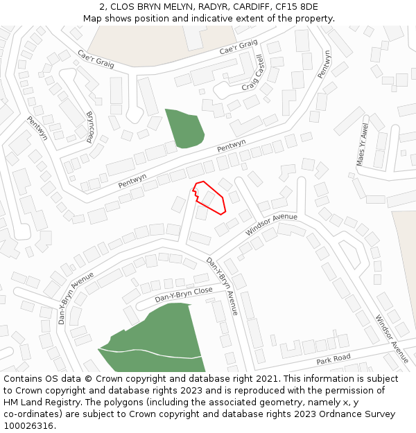 2, CLOS BRYN MELYN, RADYR, CARDIFF, CF15 8DE: Location map and indicative extent of plot