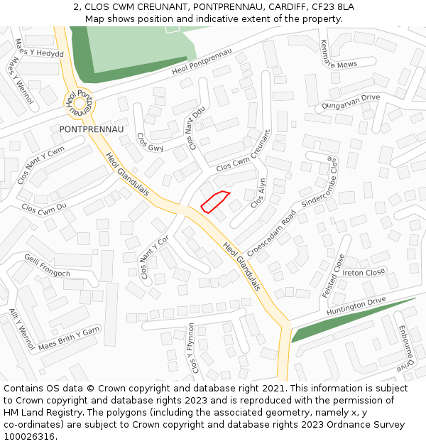 2, CLOS CWM CREUNANT, PONTPRENNAU, CARDIFF, CF23 8LA: Location map and indicative extent of plot