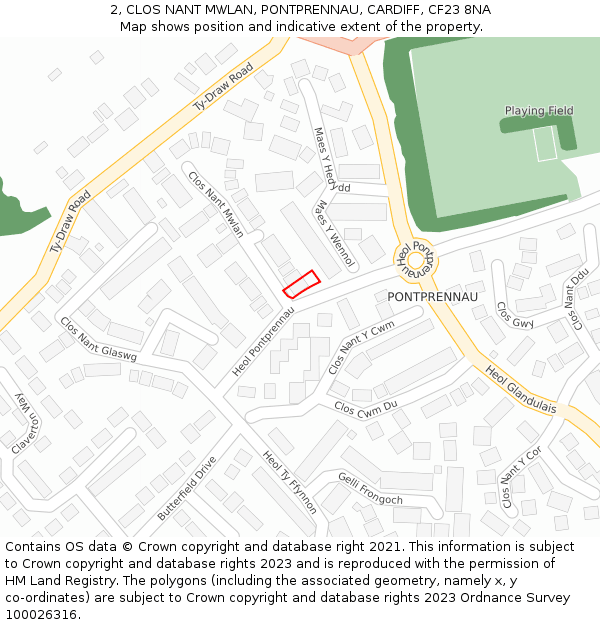 2, CLOS NANT MWLAN, PONTPRENNAU, CARDIFF, CF23 8NA: Location map and indicative extent of plot