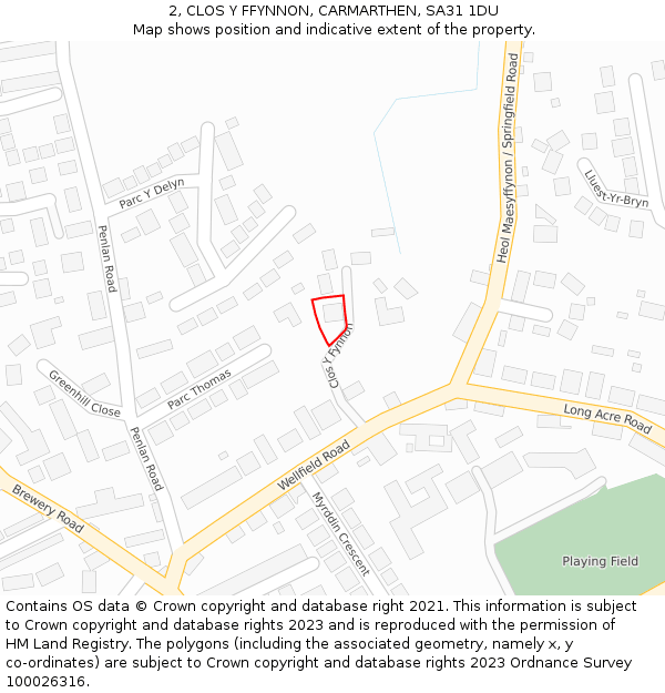 2, CLOS Y FFYNNON, CARMARTHEN, SA31 1DU: Location map and indicative extent of plot
