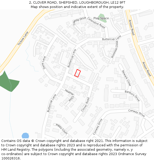 2, CLOVER ROAD, SHEPSHED, LOUGHBOROUGH, LE12 9FT: Location map and indicative extent of plot