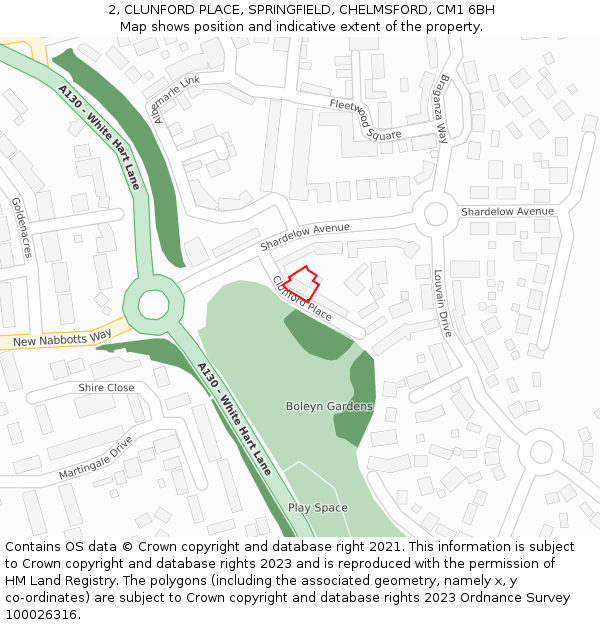 2, CLUNFORD PLACE, SPRINGFIELD, CHELMSFORD, CM1 6BH: Location map and indicative extent of plot