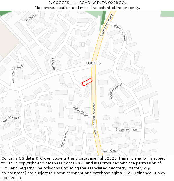 2, COGGES HILL ROAD, WITNEY, OX28 3YN: Location map and indicative extent of plot