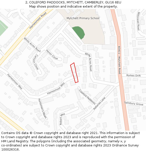 2, COLEFORD PADDOCKS, MYTCHETT, CAMBERLEY, GU16 6EU: Location map and indicative extent of plot