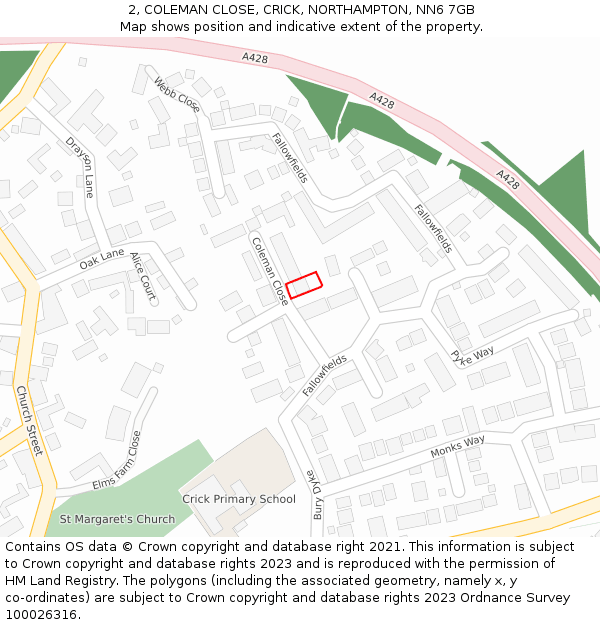 2, COLEMAN CLOSE, CRICK, NORTHAMPTON, NN6 7GB: Location map and indicative extent of plot