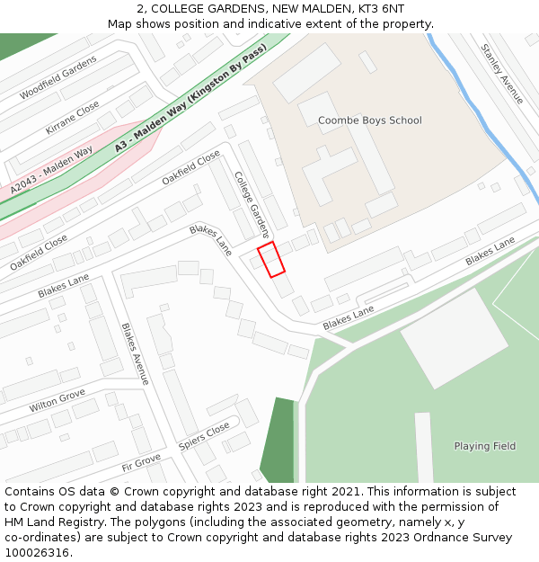 2, COLLEGE GARDENS, NEW MALDEN, KT3 6NT: Location map and indicative extent of plot
