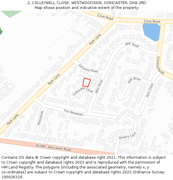 2, COLLEYWELL CLOSE, WESTWOODSIDE, DONCASTER, DN9 2RD: Location map and indicative extent of plot