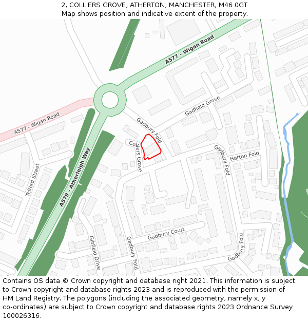 2, COLLIERS GROVE, ATHERTON, MANCHESTER, M46 0GT: Location map and indicative extent of plot