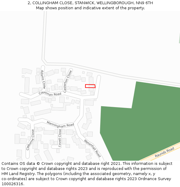 2, COLLINGHAM CLOSE, STANWICK, WELLINGBOROUGH, NN9 6TH: Location map and indicative extent of plot