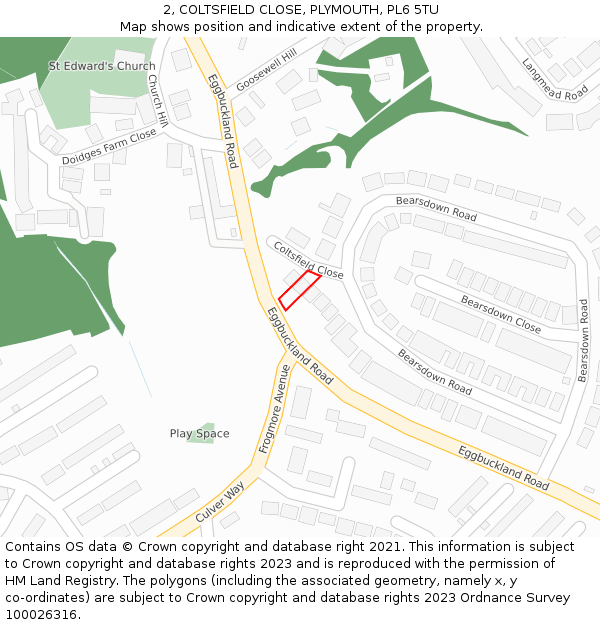 2, COLTSFIELD CLOSE, PLYMOUTH, PL6 5TU: Location map and indicative extent of plot