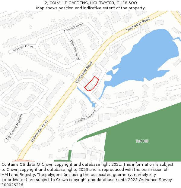 2, COLVILLE GARDENS, LIGHTWATER, GU18 5QQ: Location map and indicative extent of plot