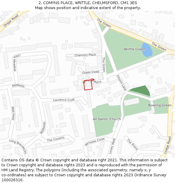 2, COMYNS PLACE, WRITTLE, CHELMSFORD, CM1 3ES: Location map and indicative extent of plot