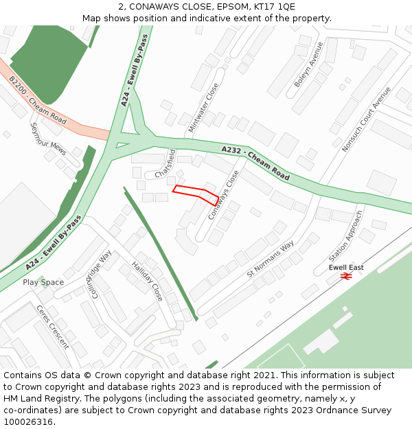 2, CONAWAYS CLOSE, EPSOM, KT17 1QE: Location map and indicative extent of plot