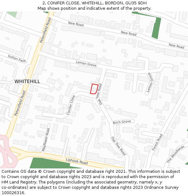 2, CONIFER CLOSE, WHITEHILL, BORDON, GU35 9DH: Location map and indicative extent of plot