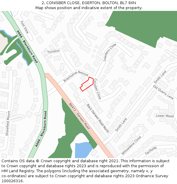 2, CONISBER CLOSE, EGERTON, BOLTON, BL7 9XN: Location map and indicative extent of plot