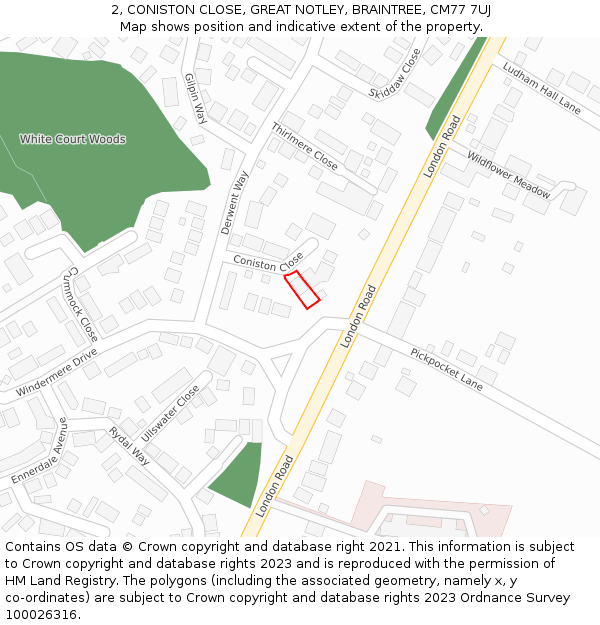 2, CONISTON CLOSE, GREAT NOTLEY, BRAINTREE, CM77 7UJ: Location map and indicative extent of plot