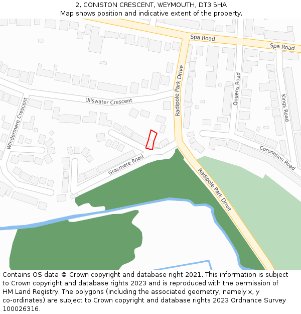 2, CONISTON CRESCENT, WEYMOUTH, DT3 5HA: Location map and indicative extent of plot