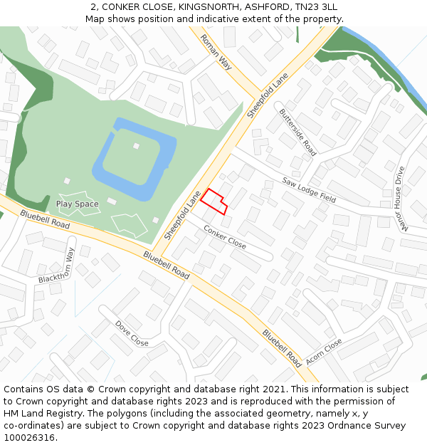 2, CONKER CLOSE, KINGSNORTH, ASHFORD, TN23 3LL: Location map and indicative extent of plot