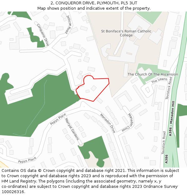 2, CONQUEROR DRIVE, PLYMOUTH, PL5 3UT: Location map and indicative extent of plot